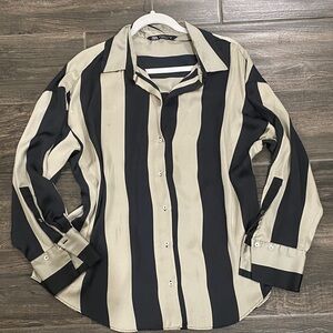 Zara button down satin Black and Tan Striped woman’s blouse.